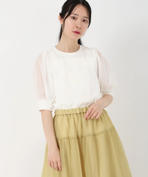 STRAWBERRY-FIELDS(ストロベリーフィールズ)の「トルファン天竺_シアーパフスリーブ(Tシャツ/カットソー・レディース・ブラック/オフホワイト/ピンク・2)」の12枚目の写真