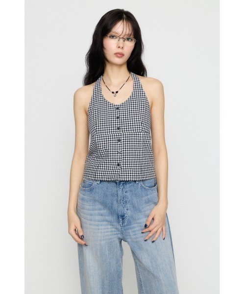 LAGUA GEM(ラグアジェム)の「GINGHAM CHECK HALTER トップス(キャミソール・レディース・ブラック/ネイビー・FREE)」の3枚目の写真