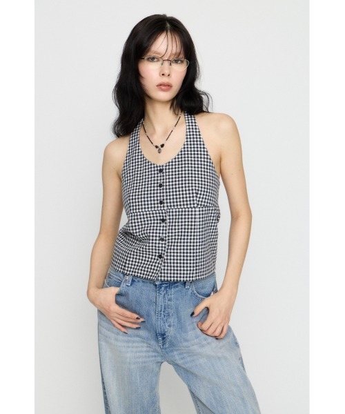 LAGUA GEM(ラグアジェム)の「GINGHAM CHECK HALTER トップス(キャミソール・レディース・ブラック/ネイビー・FREE)」の4枚目の写真