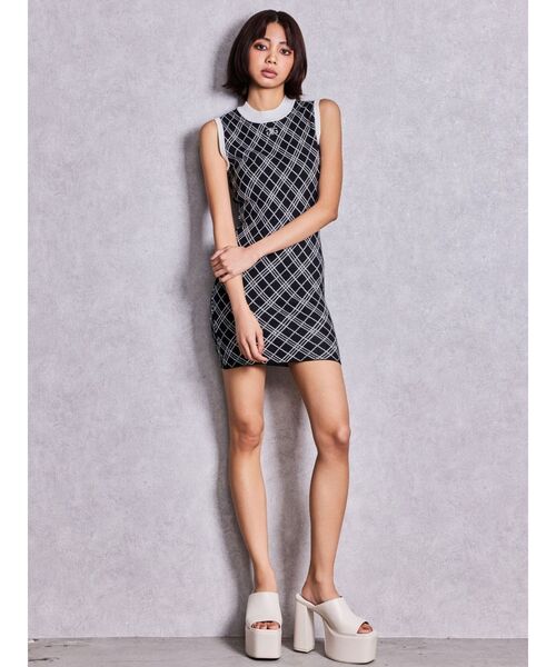 GYDA（ジェイダ）の「Symmetry GYDA bijouラメアーガイルチェックアメスリニットワンピース（ワンピース・レディース・ブラック/オフホワイト・FREE）」の5枚目の写真