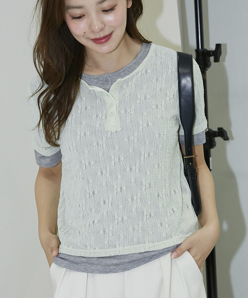 PUBLUX(パブリュクス)の「PUBLUX/パブリュクス <セットアイテム>カット × ジャガード ヘンリーネック Tシャツ 限定展開(Tシャツ/カットソー・レディース・グリーン/ブラック・フリ-)」の2枚目の写真