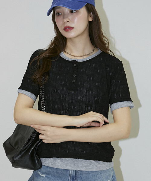 PUBLUX(パブリュクス)の「PUBLUX/パブリュクス <セットアイテム>カット × ジャガード ヘンリーネック Tシャツ 限定展開(Tシャツ/カットソー・レディース・グリーン/ブラック・フリ-)」の1枚目の写真