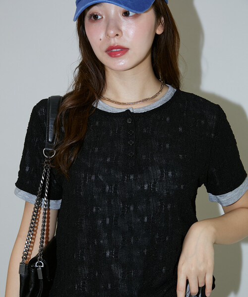 PUBLUX(パブリュクス)の「PUBLUX/パブリュクス <セットアイテム>カット × ジャガード ヘンリーネック Tシャツ 限定展開(Tシャツ/カットソー・レディース・グリーン/ブラック・フリ-)」の3枚目の写真