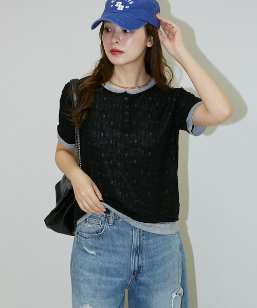 PUBLUX(パブリュクス)の「PUBLUX/パブリュクス <セットアイテム>カット × ジャガード ヘンリーネック Tシャツ 限定展開(Tシャツ/カットソー・レディース・グリーン/ブラック・フリ-)」の4枚目の写真