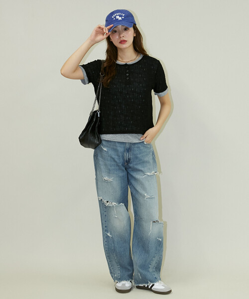 PUBLUX(パブリュクス)の「PUBLUX/パブリュクス <セットアイテム>カット × ジャガード ヘンリーネック Tシャツ 限定展開(Tシャツ/カットソー・レディース・グリーン/ブラック・フリ-)」の6枚目の写真