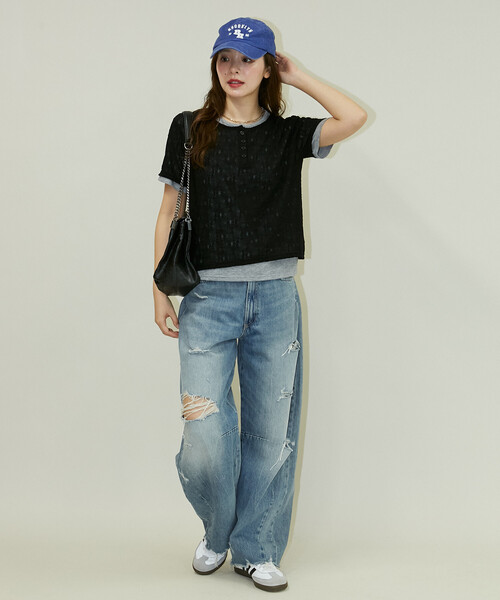 PUBLUX(パブリュクス)の「PUBLUX/パブリュクス <セットアイテム>カット × ジャガード ヘンリーネック Tシャツ 限定展開(Tシャツ/カットソー・レディース・グリーン/ブラック・フリ-)」の8枚目の写真