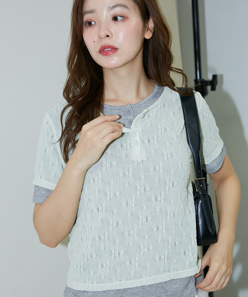 PUBLUX(パブリュクス)の「PUBLUX/パブリュクス <セットアイテム>カット × ジャガード ヘンリーネック Tシャツ 限定展開(Tシャツ/カットソー・レディース・グリーン/ブラック・フリ-)」の13枚目の写真