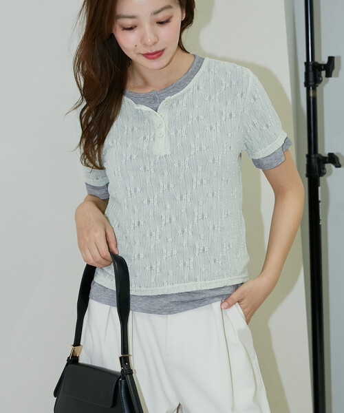 PUBLUX(パブリュクス)の「PUBLUX/パブリュクス <セットアイテム>カット × ジャガード ヘンリーネック Tシャツ 限定展開(Tシャツ/カットソー・レディース・グリーン/ブラック・フリ-)」の17枚目の写真