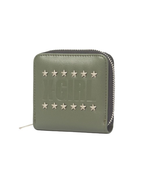 X-girl(エックスガール)の「LOGO AND STAR STUDDED FAUX LEATHER MINI WALLET(財布・レディース・オリーブ/ブラック・ONE SIZE)」の1枚目の写真
