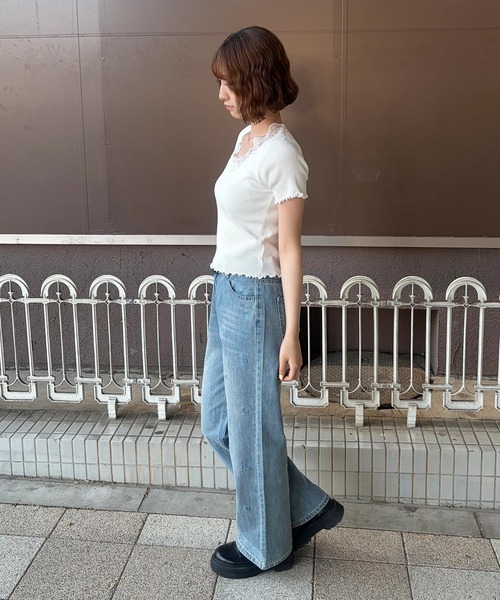 frunco(フランコ)の「【ZOZOTOWN限定】レース付きVネックリブ半袖トップス(Tシャツ/カットソー・レディース・グレー/ブラック/アイボリー/ホワイト・FREE)」の6枚目の写真