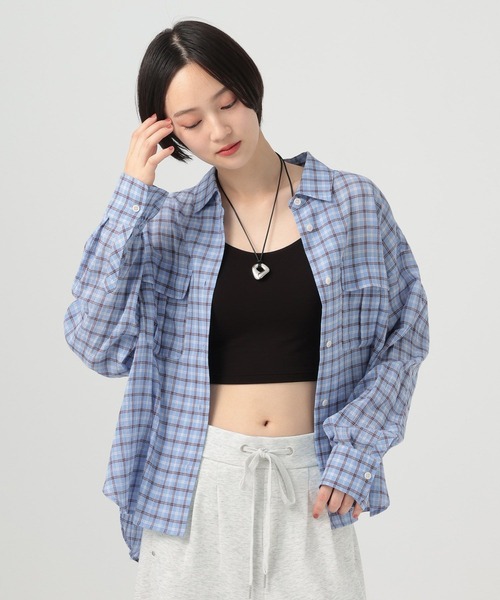 BAYFLOW（ベイフロー）の「シアージョーゼットチェックシャツ（シャツ/ブラウス・レディース・イエロー/ブルー/ブラック・FREE）」の2枚目の写真