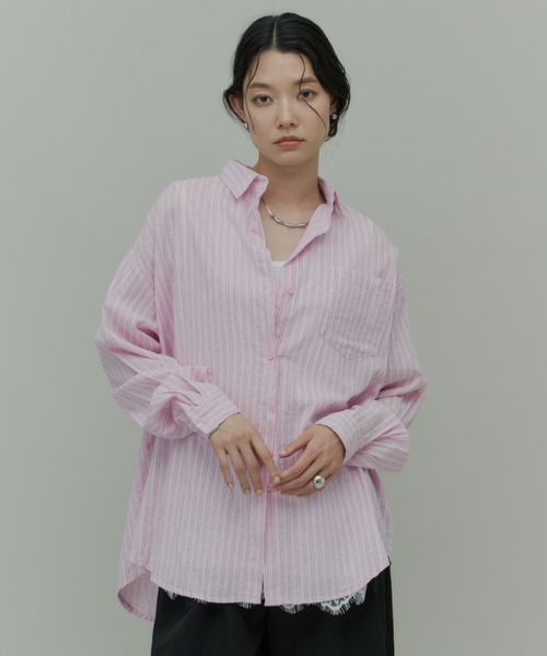 即完売！Eongul リネンストライプルーズシャツ　OLIVE セール】Linen Stripe Loose Shirt / リネンストライプルーズシャツ