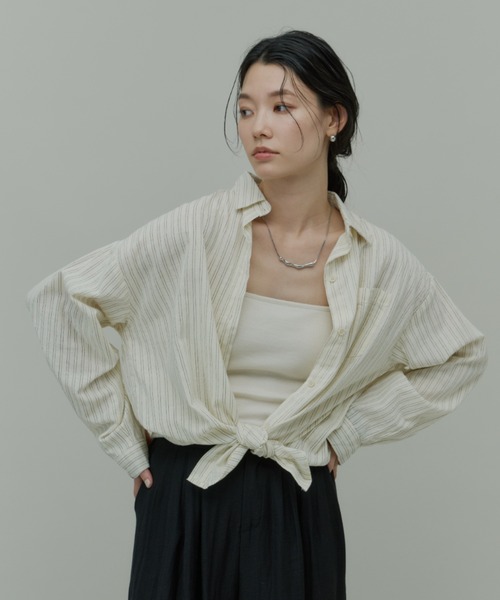 セール】Linen Stripe Loose Shirt / リネンストライプルーズシャツ