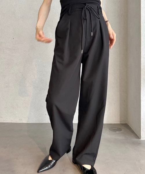 umune(ウムネ)の「タックパンツ イージーパンツ ウエスト紐 ハイウエスト ストレート ロング丈 落ち感 美脚 体型カバー オフィスカジュアル 大人 シンプル 秋 冬(その他パンツ・レディース・ブラック/ベージュ/グレー・M/L)」の14枚目の写真