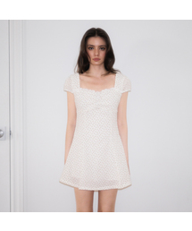 Lace Shirring Button Flare Dress [Ivory]