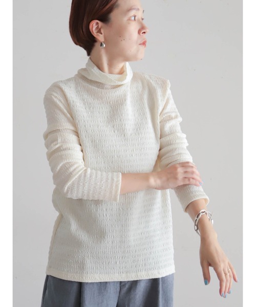 FIL DE FER(フィルデフェール)の「ランダムテクスチャーリブ メッシュネックタートルプルオーバー(Tシャツ/カットソー・レディース・ホワイト/ブラック・FREE)」の2枚目の写真