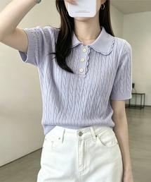 襟付き ポロニット ケーブル半袖トップス
