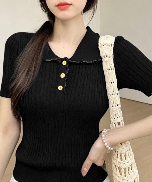 Miniministore(ミニミニストア)の「襟付き ポロニット ケーブル半袖トップス(Tシャツ/カットソー・レディース・ブラック/グレー/ピンク/アイボリー/ワインレッド/ブルーパープル・FREE)」の3枚目の写真