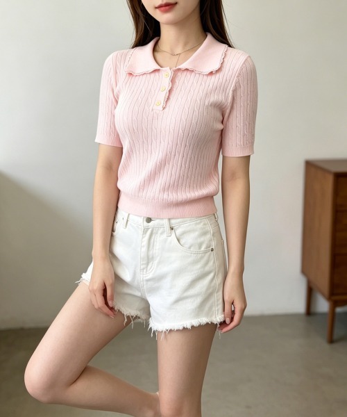 Miniministore(ミニミニストア)の「襟付き ポロニット ケーブル半袖トップス(Tシャツ/カットソー・レディース・ブラック/グレー/ピンク/アイボリー/ワインレッド/ブルーパープル・FREE)」の7枚目の写真