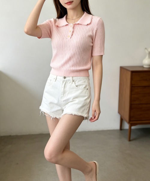Miniministore(ミニミニストア)の「襟付き ポロニット ケーブル半袖トップス(Tシャツ/カットソー・レディース・ブラック/グレー/ピンク/アイボリー/ワインレッド/ブルーパープル・FREE)」の8枚目の写真