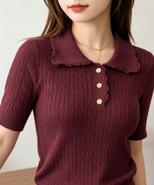 Miniministore(ミニミニストア)の「襟付き ポロニット ケーブル半袖トップス(Tシャツ/カットソー・レディース・ブラック/グレー/ピンク/アイボリー/ワインレッド/ブルーパープル・FREE)」の12枚目の写真
