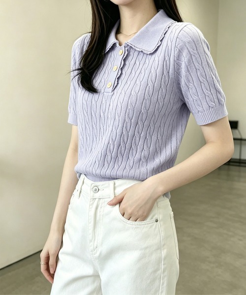 Miniministore(ミニミニストア)の「襟付き ポロニット ケーブル半袖トップス(Tシャツ/カットソー・レディース・ブラック/グレー/ピンク/アイボリー/ワインレッド/ブルーパープル・FREE)」の13枚目の写真