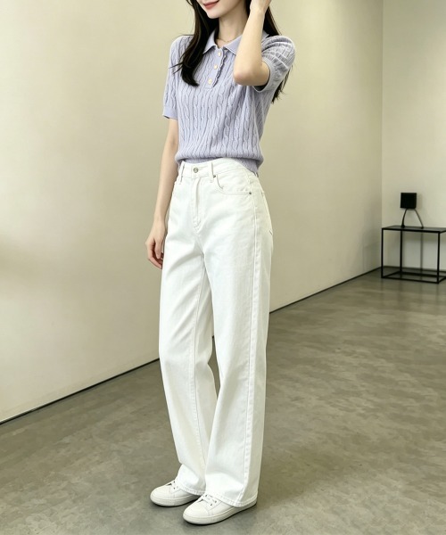 Miniministore(ミニミニストア)の「襟付き ポロニット ケーブル半袖トップス(Tシャツ/カットソー・レディース・ブラック/グレー/ピンク/アイボリー/ワインレッド/ブルーパープル・FREE)」の14枚目の写真