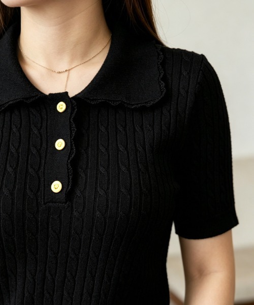 Miniministore(ミニミニストア)の「襟付き ポロニット ケーブル半袖トップス(Tシャツ/カットソー・レディース・ブラック/グレー/ピンク/アイボリー/ワインレッド/ブルーパープル・FREE)」の16枚目の写真