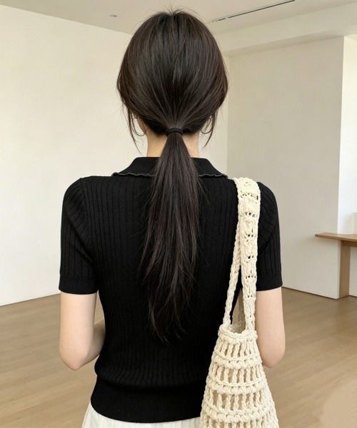 Miniministore(ミニミニストア)の「襟付き ポロニット ケーブル半袖トップス(Tシャツ/カットソー・レディース・ブラック/グレー/ピンク/アイボリー/ワインレッド/ブルーパープル・FREE)」の18枚目の写真