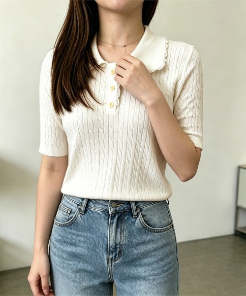 Miniministore(ミニミニストア)の「襟付き ポロニット ケーブル半袖トップス(Tシャツ/カットソー・レディース・ブラック/グレー/ピンク/アイボリー/ワインレッド/ブルーパープル・FREE)」の19枚目の写真