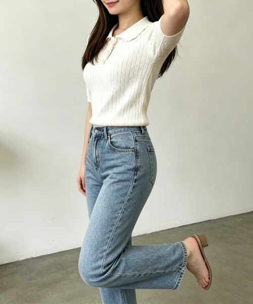 Miniministore(ミニミニストア)の「襟付き ポロニット ケーブル半袖トップス(Tシャツ/カットソー・レディース・ブラック/グレー/ピンク/アイボリー/ワインレッド/ブルーパープル・FREE)」の20枚目の写真
