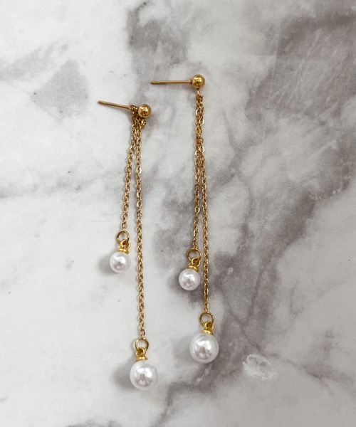 セール】YU-KA:ダブルチェーンパールピアス Double chain pearl