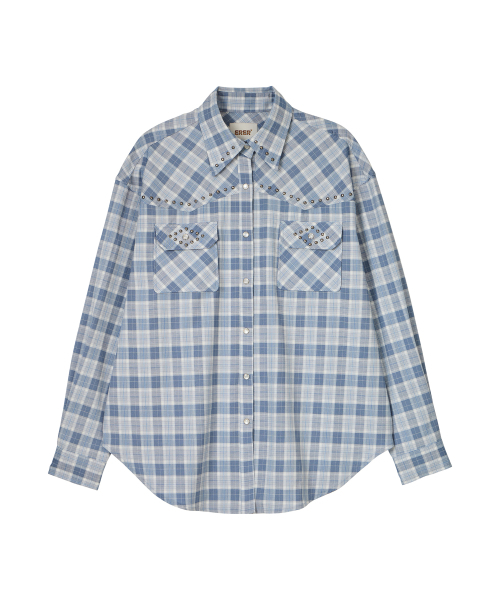ERER(エルエル)の「Oversized Sheer Studded Check Shirt Blue(シャツ/ブラウス・レディース・ブルー・F)」の5枚目の写真
