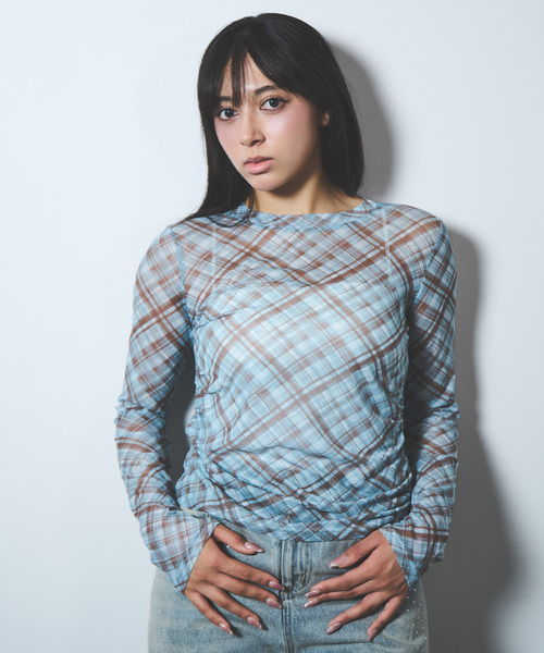 JOINT WORKS(ジョイントワークス)の「シャーリング シアートップス / J SHIRRING SHEER TOPS(Tシャツ/カットソー・レディース・ベージュ系その他/ブルー・FREE)」の2枚目の写真