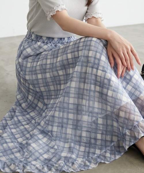 umune(ウムネ)の「ロングスカート チェック柄 シアー フレア シアーチェック ウエストゴム 裾フリル エアリー 大人カジュアル 秋 冬(スカート・レディース・ブルー/ブラック・FREE)」の16枚目の写真