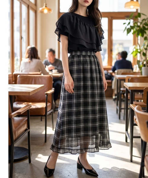 umune(ウムネ)の「ロングスカート チェック柄 シアー フレア シアーチェック ウエストゴム 裾フリル エアリー 大人カジュアル 秋 冬(スカート・レディース・ブルー/ブラック・FREE)」の9枚目の写真