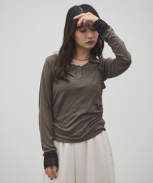 レースカフスシアートップス×キャミSET