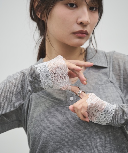 Shelly island(シェリーアイランド)の「レースカフスシアートップス×キャミSET(Tシャツ/カットソー・レディース・ブラック/グレー/ブラウン・FREE)」の3枚目の写真