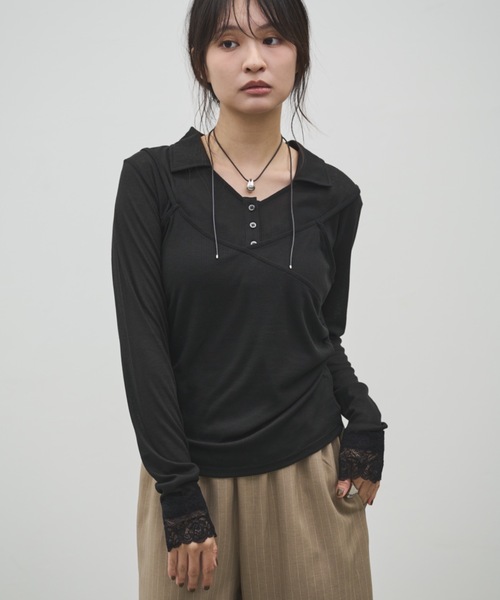 Shelly island(シェリーアイランド)の「レースカフスシアートップス×キャミSET(Tシャツ/カットソー・レディース・ブラック/グレー/ブラウン・FREE)」の2枚目の写真