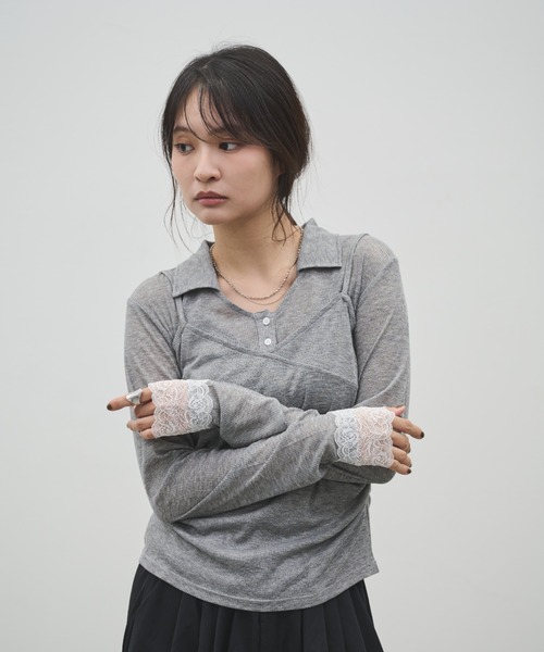 Shelly island(シェリーアイランド)の「レースカフスシアートップス×キャミSET(Tシャツ/カットソー・レディース・ブラック/グレー/ブラウン・FREE)」の11枚目の写真