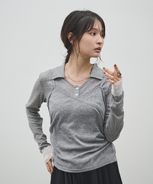 Shelly island(シェリーアイランド)の「レースカフスシアートップス×キャミSET(Tシャツ/カットソー・レディース・ブラック/グレー/ブラウン・FREE)」の12枚目の写真