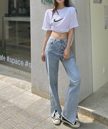 サイドスリットストレートワイドデニムパンツ