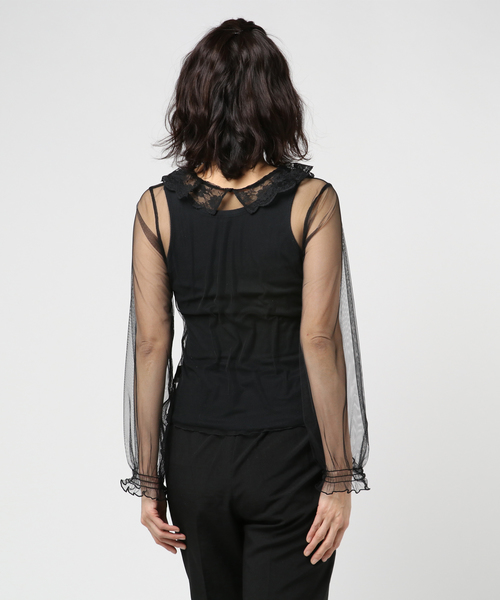 WEGO（ウィゴー）の「WEGO/チュールレースフリルネックTシャツ（Tシャツ/カットソー・レディース・ブラック/オフホワイト・FREE）」の3枚目の写真