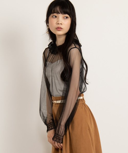 WEGO（ウィゴー）の「WEGO/チュールレースフリルネックTシャツ（Tシャツ/カットソー・レディース・ブラック/オフホワイト・FREE）」の2枚目の写真