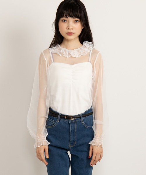 WEGO（ウィゴー）の「WEGO/チュールレースフリルネックTシャツ（Tシャツ/カットソー・レディース・ブラック/オフホワイト・FREE）」の9枚目の写真