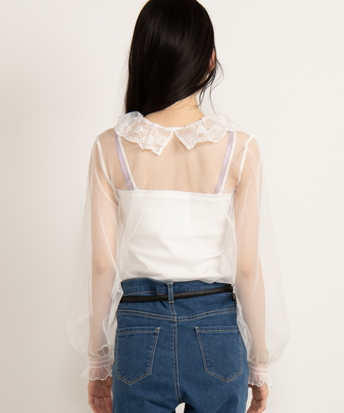 WEGO（ウィゴー）の「WEGO/チュールレースフリルネックTシャツ（Tシャツ/カットソー・レディース・ブラック/オフホワイト・FREE）」の7枚目の写真