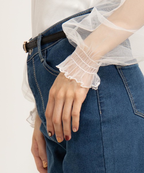 WEGO（ウィゴー）の「WEGO/チュールレースフリルネックTシャツ（Tシャツ/カットソー・レディース・ブラック/オフホワイト・FREE）」の5枚目の写真