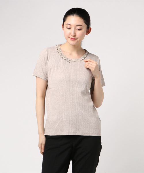 Samansa Mos2(サマンサ モスモス)の「衿レーステレコT(Tシャツ/カットソー・レディース・キナリ/チャコールグレー/モカ・フリ-)」の1枚目の写真