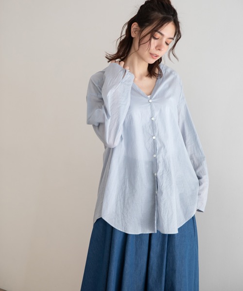 Munich（ミューニック）の「ウォッシュコットンローン　ノーカラーシャツブラウス（シャツ/ブラウス・レディース・ホワイト/ブラック/ライトベージュ/サックスブルー・FREE）」の6枚目の写真