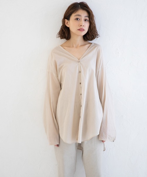 Munich（ミューニック）の「ウォッシュコットンローン　ノーカラーシャツブラウス（シャツ/ブラウス・レディース・ホワイト/ブラック/ライトベージュ/サックスブルー・FREE）」の7枚目の写真